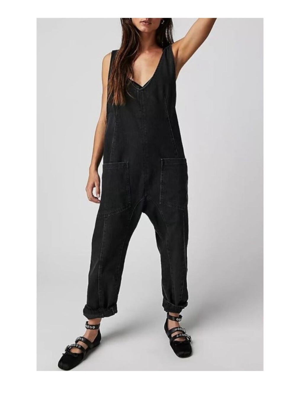 We The Free People Overalls XS High Roller Jean Jumpsuit Black Washed Denim Boho